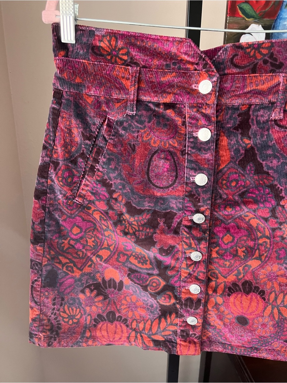 Anthropologie PILCRO Corduroy Button-Front A-Line Mini Skirt in Plum Floral - Picture 3 of 9